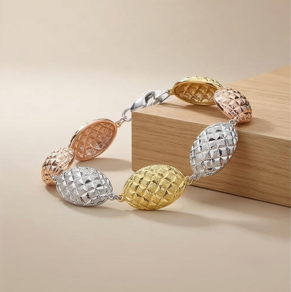 925 Sterling Silver Tri-Color Diamond-Cut Beaded Link Bracelet Premium Jewellery for Women