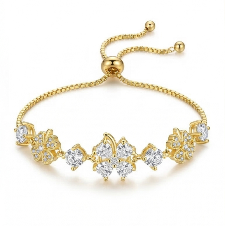 925 Sterling Silver Gold Plated Floral Clover Adjustable Bolo Bracelet Premium Jewellery for Women