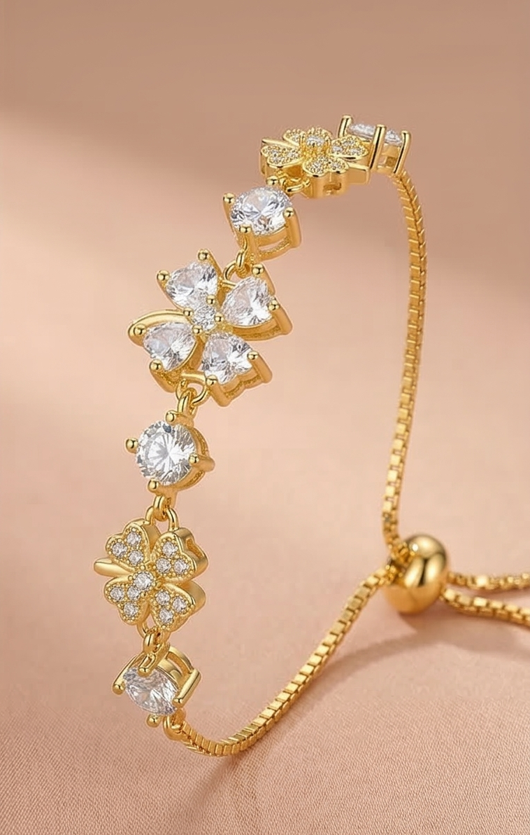 925 Sterling Silver Gold Plated Floral Clover Adjustable Bolo Bracelet Premium Jewellery for Women