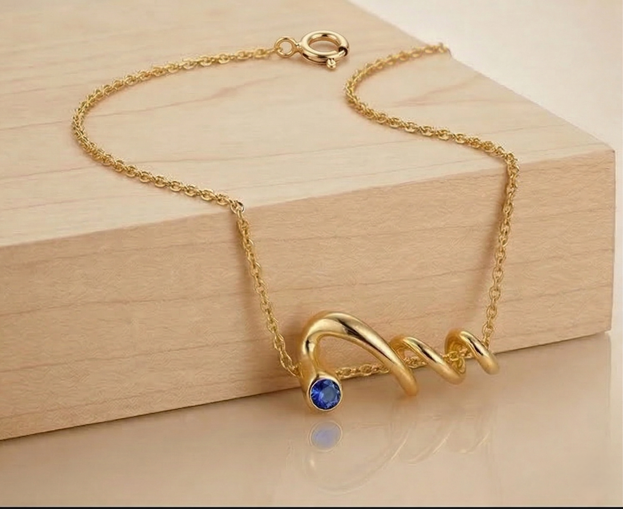 925 Sterling Silver Gold Plated Twisted Wave Blue Stone Pendant Necklace Women's Jewellery