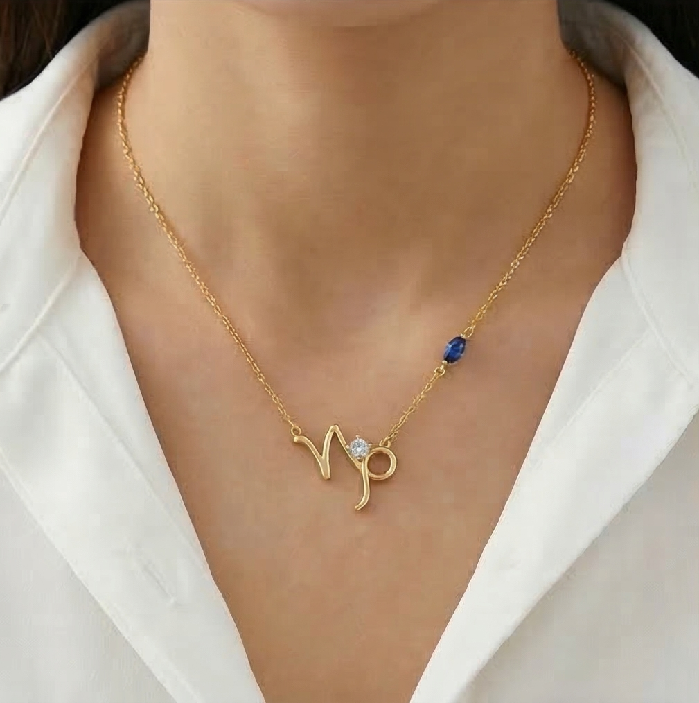 925 Sterling Silver Gold Plated Capricorn Zodiac Blue Stone Pendant Necklace Women's Jewellery