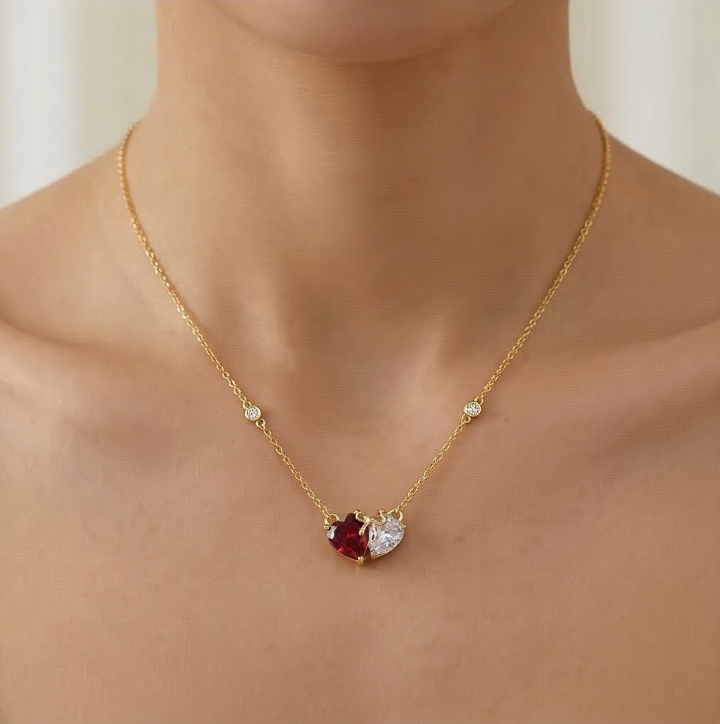 925 Sterling Silver Two-Tone Red Heart Bow Necklace Jewellery with Gold Finish
