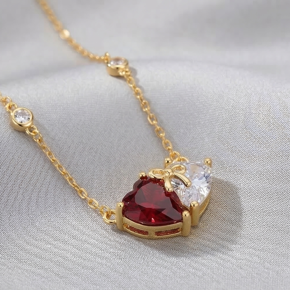 925 Sterling Silver Two-Tone Red Heart Bow Necklace Jewellery with Gold Finish