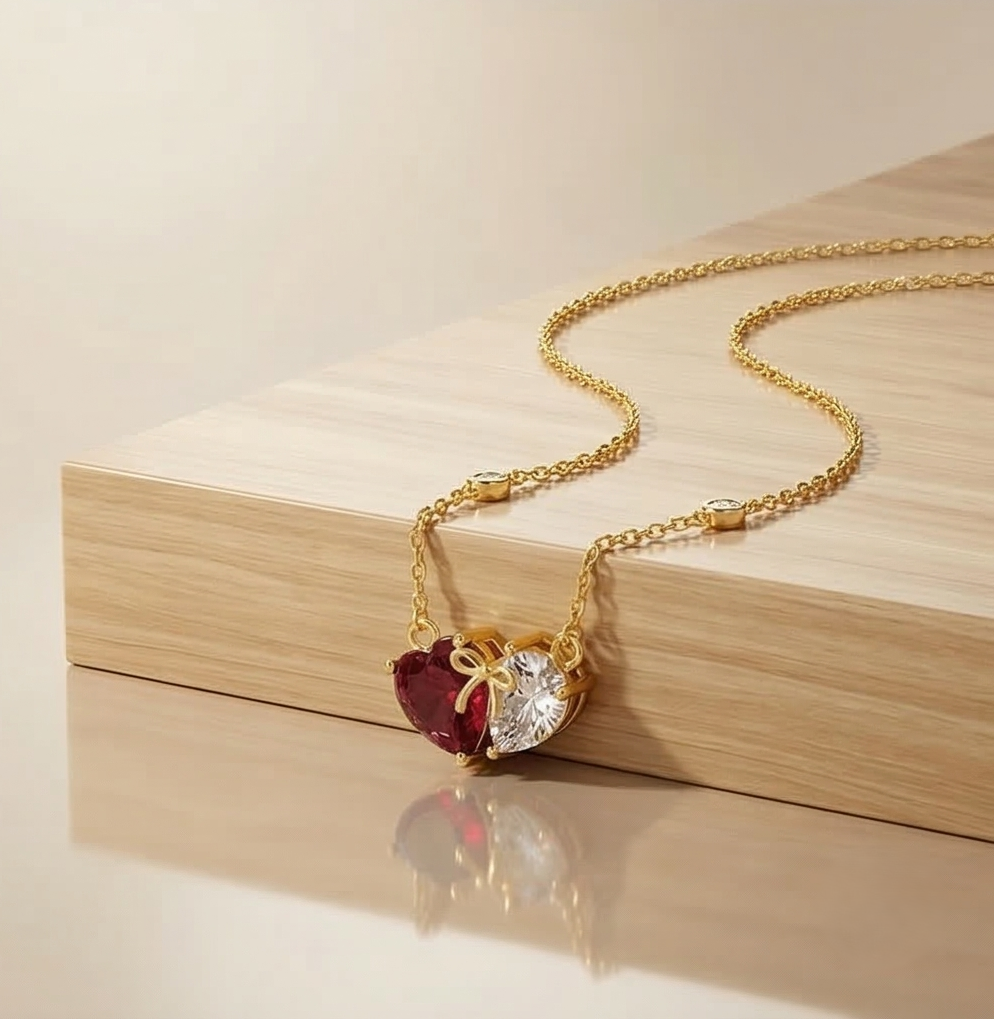 925 Sterling Silver Two-Tone Red Heart Bow Necklace Jewellery with Gold Finish
