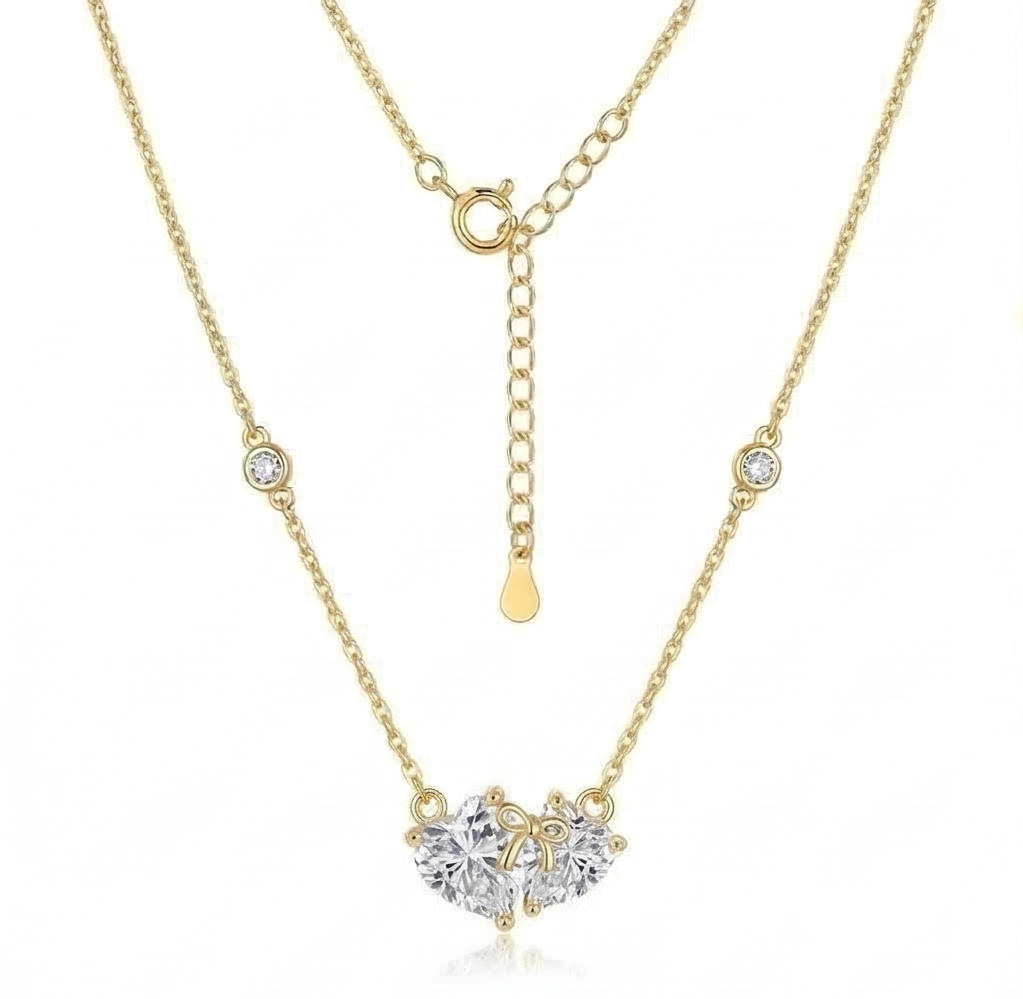 925 Sterling Silver Interlocking Hearts Bow Necklace Jewellery with Gold Finish