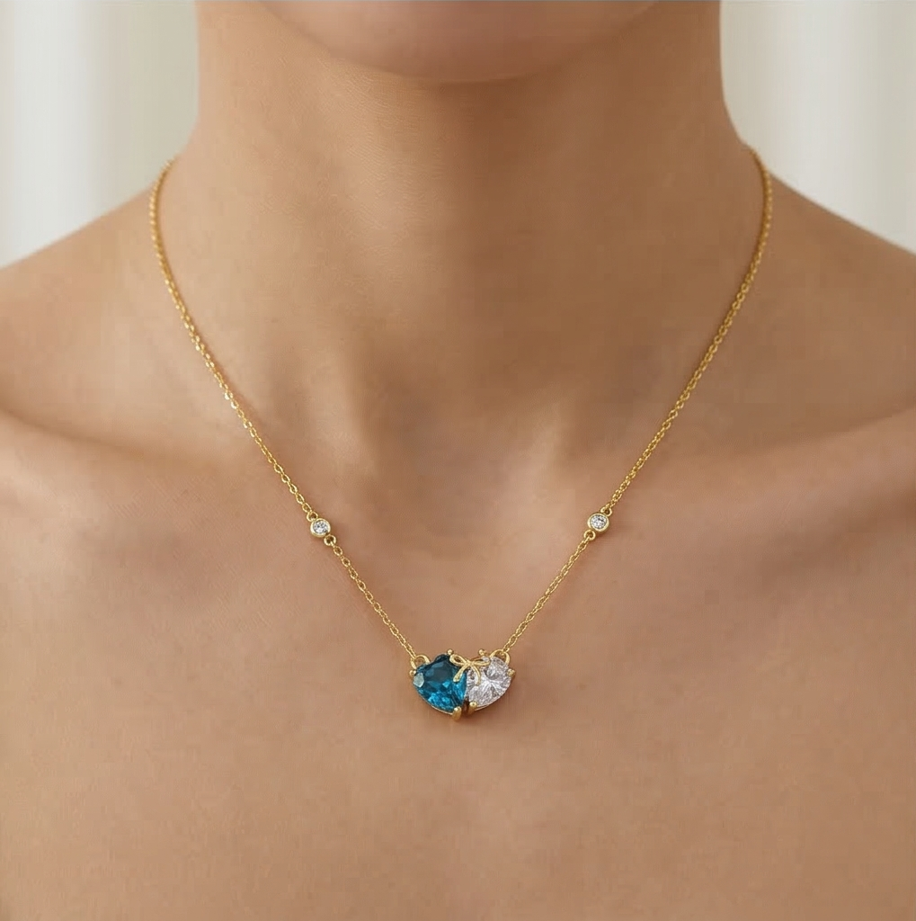 925 Sterling Silver Two-Tone Blue Heart Bow Necklace Jewellery with Gold Finish
