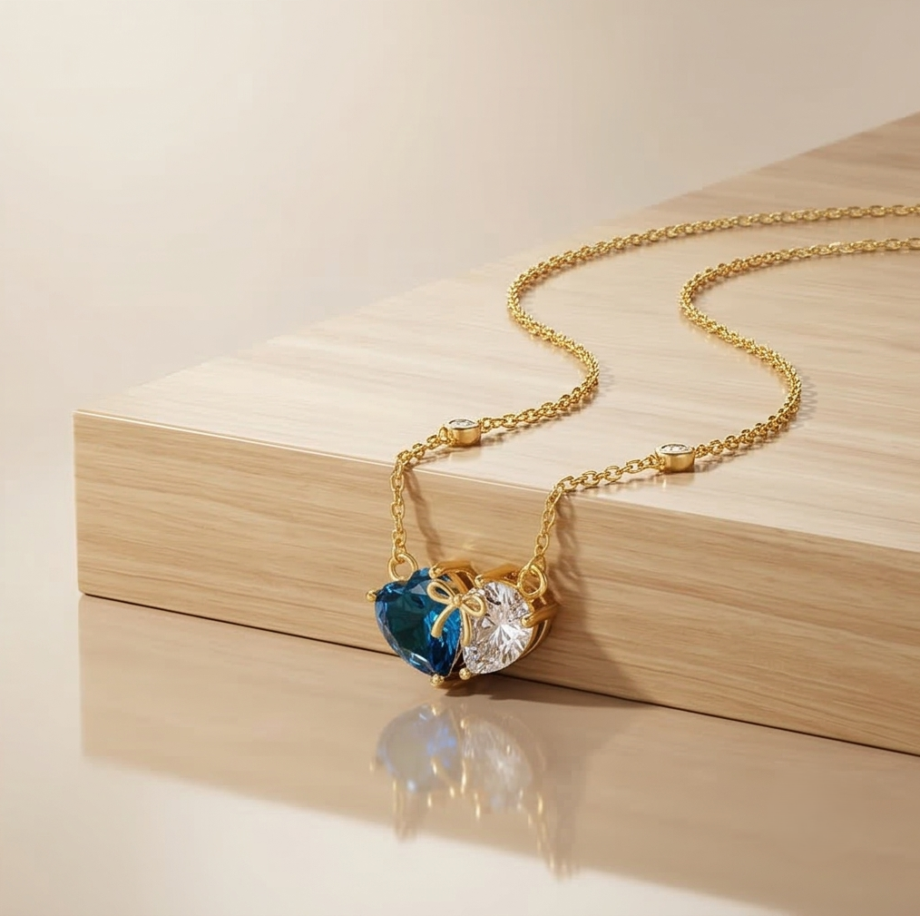 925 Sterling Silver Two-Tone Blue Heart Bow Necklace Jewellery with Gold Finish