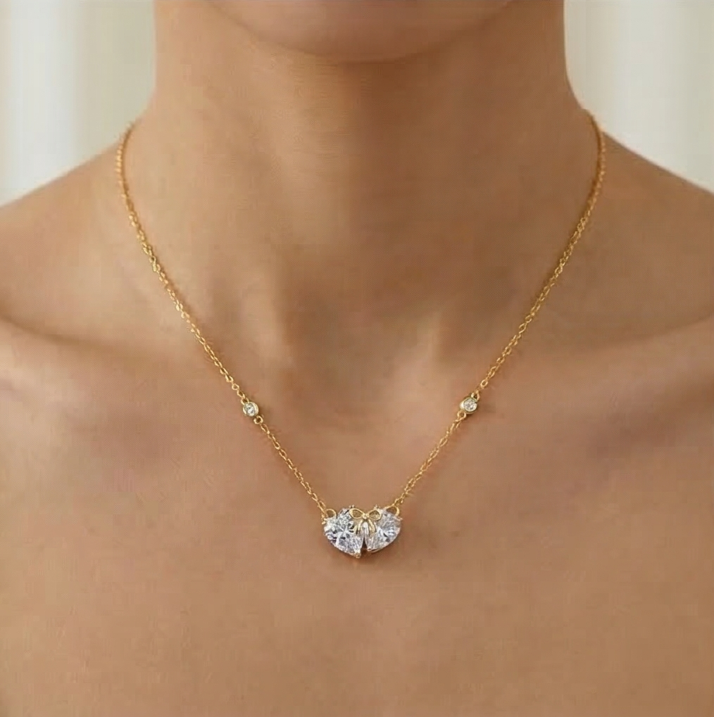 925 Sterling Silver Interlocking Hearts Bow Necklace Jewellery with Gold Finish