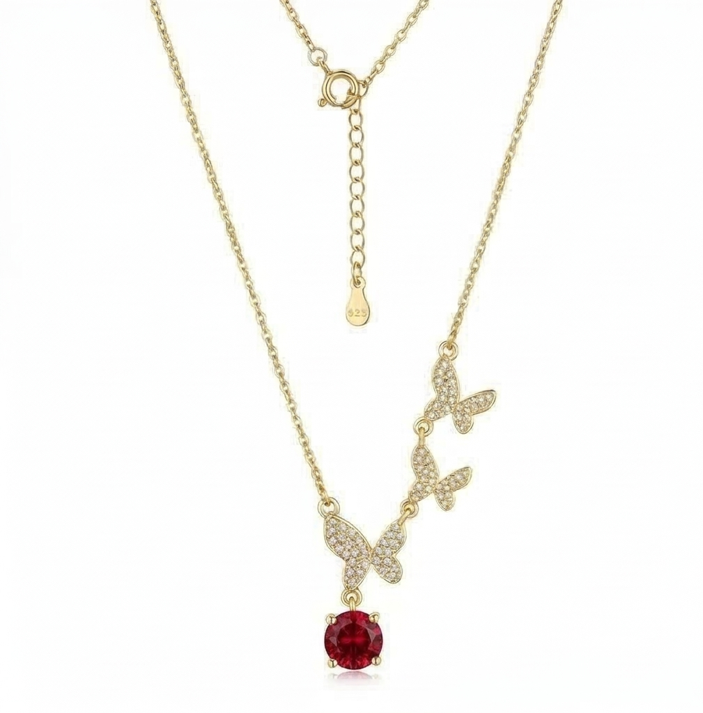 925 Sterling Silver Ascending Butterfly Red Drop Necklace Jewellery with Gold Finish