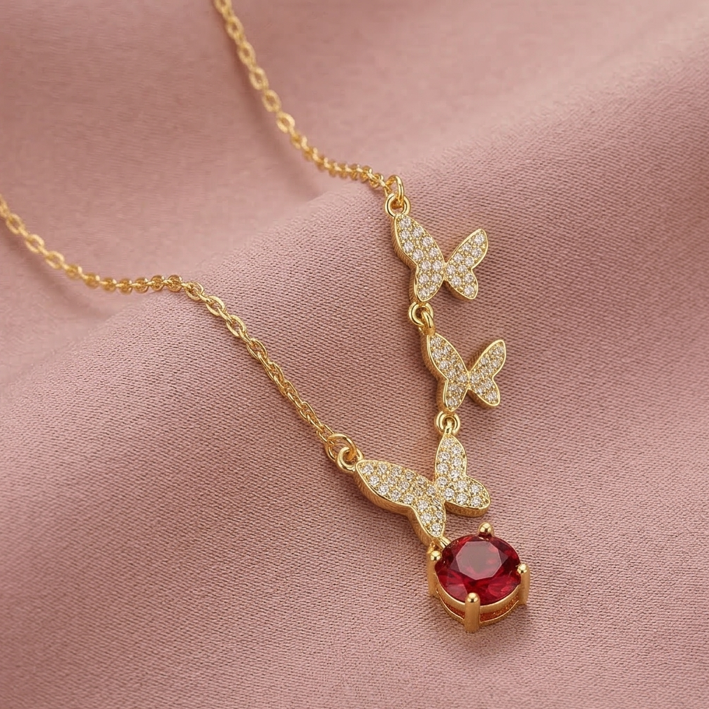 925 Sterling Silver Ascending Butterfly Red Drop Necklace Jewellery with Gold Finish