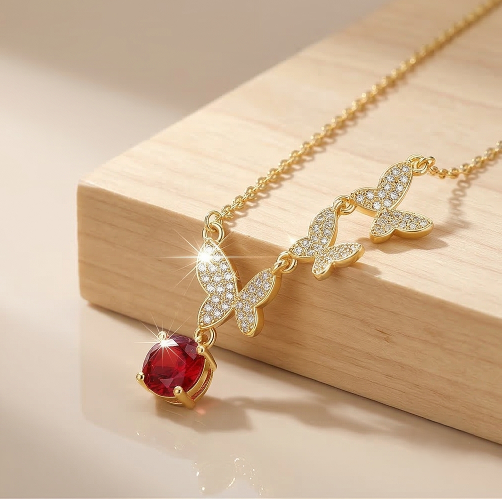 925 Sterling Silver Ascending Butterfly Red Drop Necklace Jewellery with Gold Finish