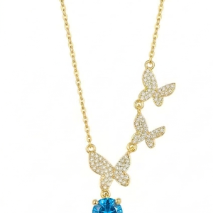 925 Sterling Silver Ascending Butterfly Blue Drop Necklace Jewellery with Gold Finish