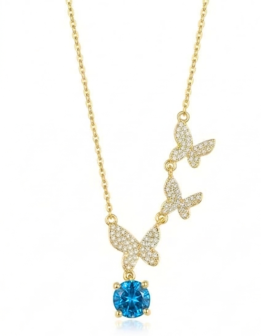925 Sterling Silver Ascending Butterfly Blue Drop Necklace Jewellery with Gold Finish