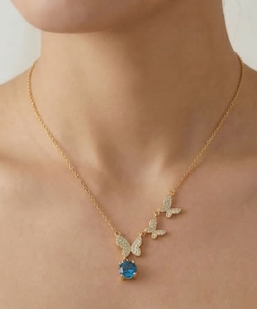 925 Sterling Silver Ascending Butterfly Blue Drop Necklace Jewellery with Gold Finish