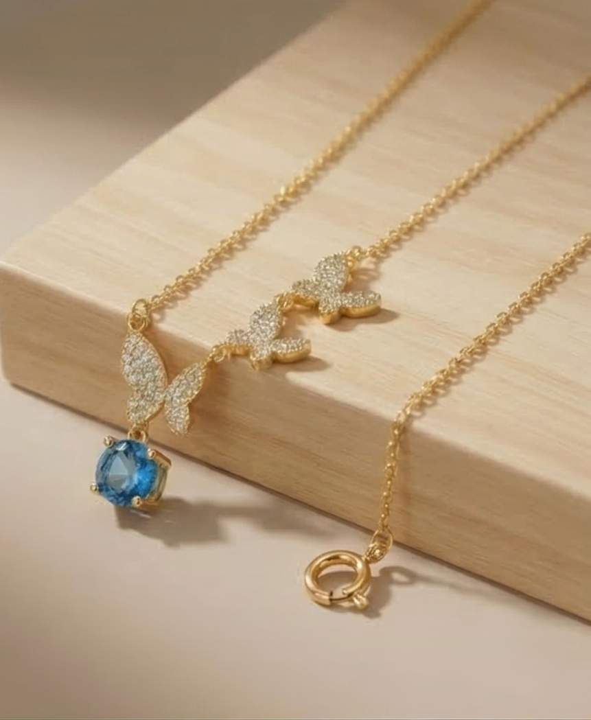 925 Sterling Silver Ascending Butterfly Blue Drop Necklace Jewellery with Gold Finish