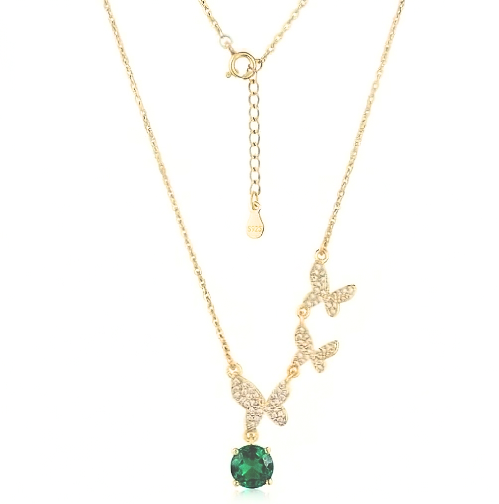925 Sterling Silver Ascending Butterfly Green Drop Necklace Jewellery with Gold Finish