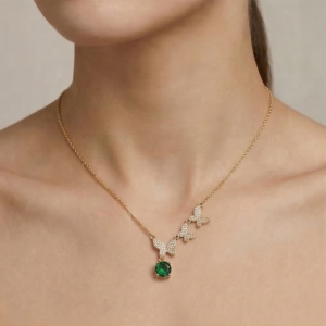 925 Sterling Silver Ascending Butterfly Green Drop Necklace Jewellery with Gold Finish