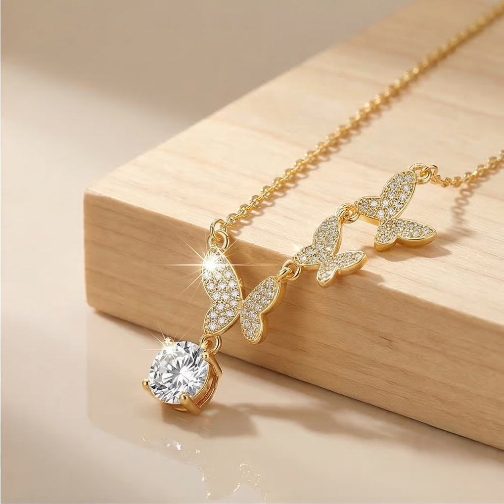 925 Sterling Silver Ascending Butterfly Pendant Necklace Jewellery with Gold Finish