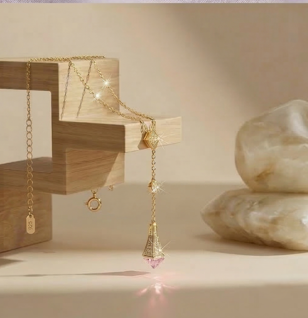 925 Sterling Silver Geometric Lariat Drop Necklace Jewellery with Pink Stone in Gold Plated Finish