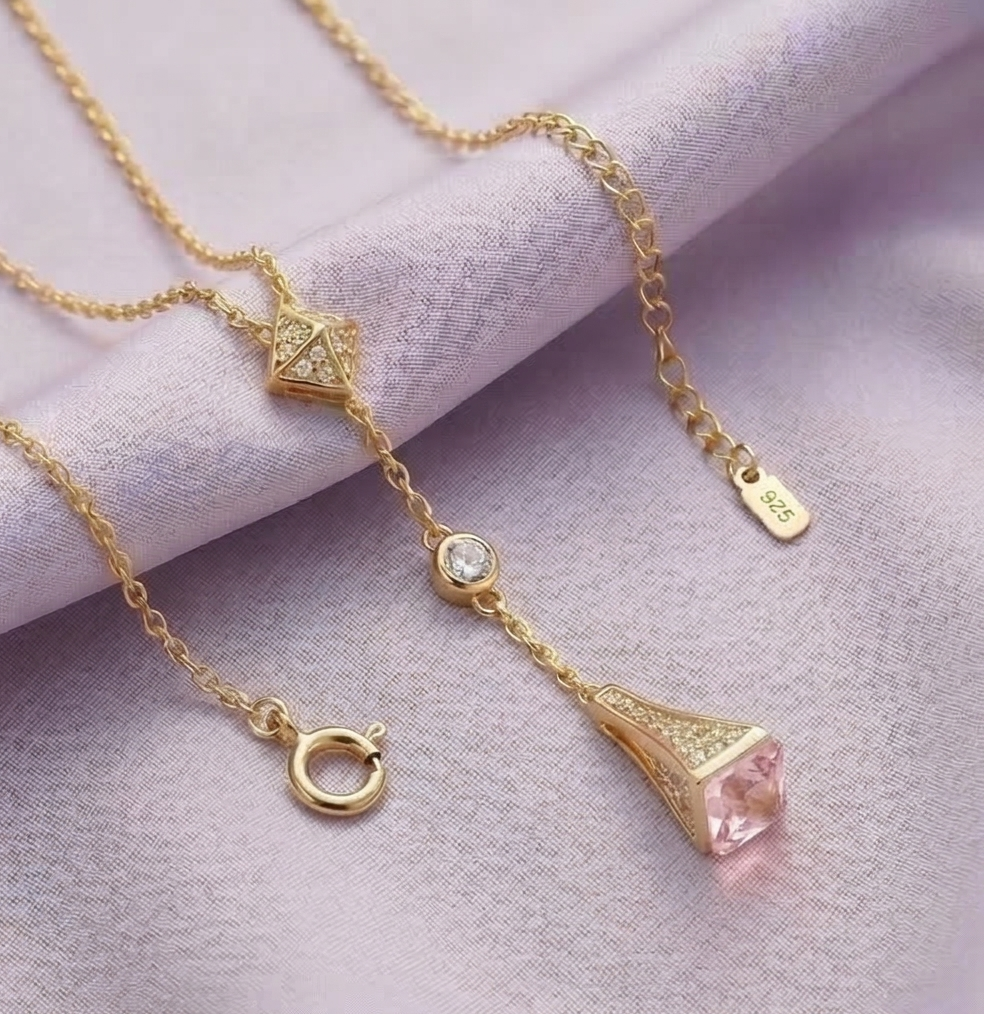 925 Sterling Silver Geometric Lariat Drop Necklace Jewellery with Pink Stone in Gold Plated Finish