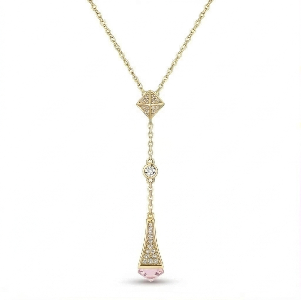 925 Sterling Silver Geometric Lariat Drop Necklace Jewellery with Pink Stone in Gold Plated Finish