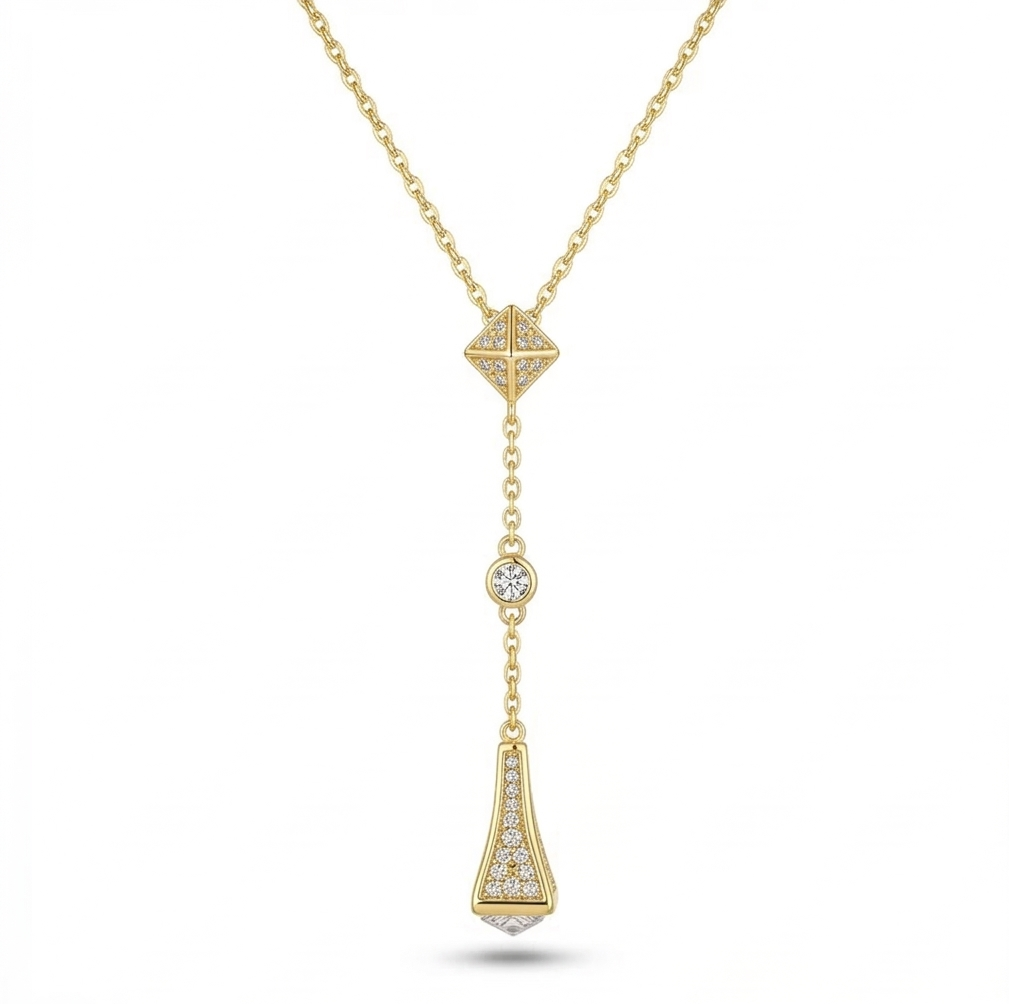 925 Sterling Silver Geometric Lariat Y-Necklace Jewellery with Gold Finish