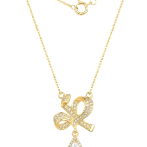 925 Sterling Silver Ribbon Bow Pendant Necklace Jewellery with Clear Stone in Gold Plated Finish