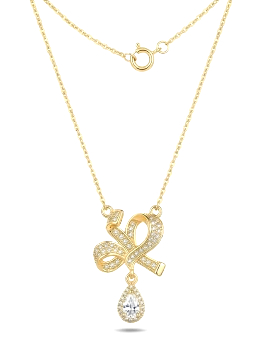 925 Sterling Silver Ribbon Bow Pendant Necklace Jewellery with Clear Stone in Gold Plated Finish