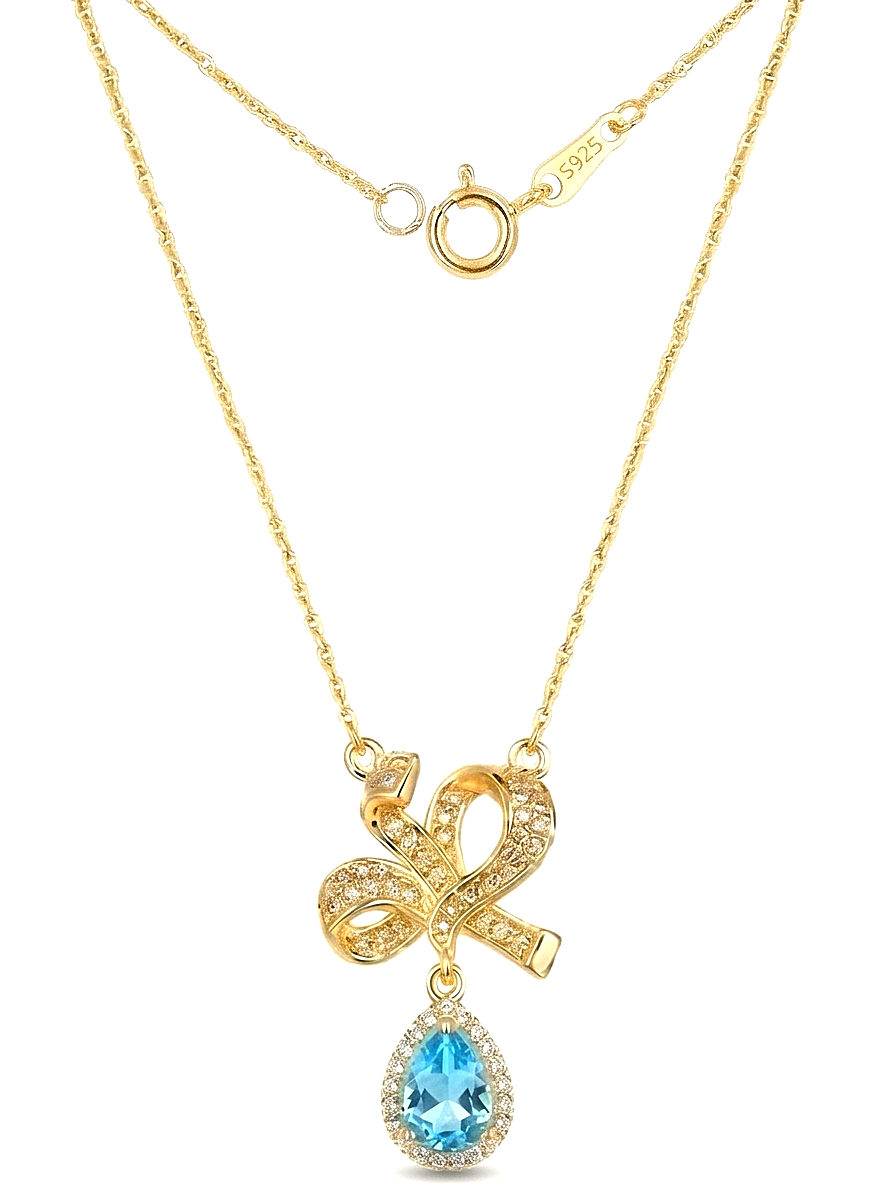 925 Sterling Silver Ribbon Bow Pendant Necklace Jewellery with Blue Stone in Gold Plated Finish