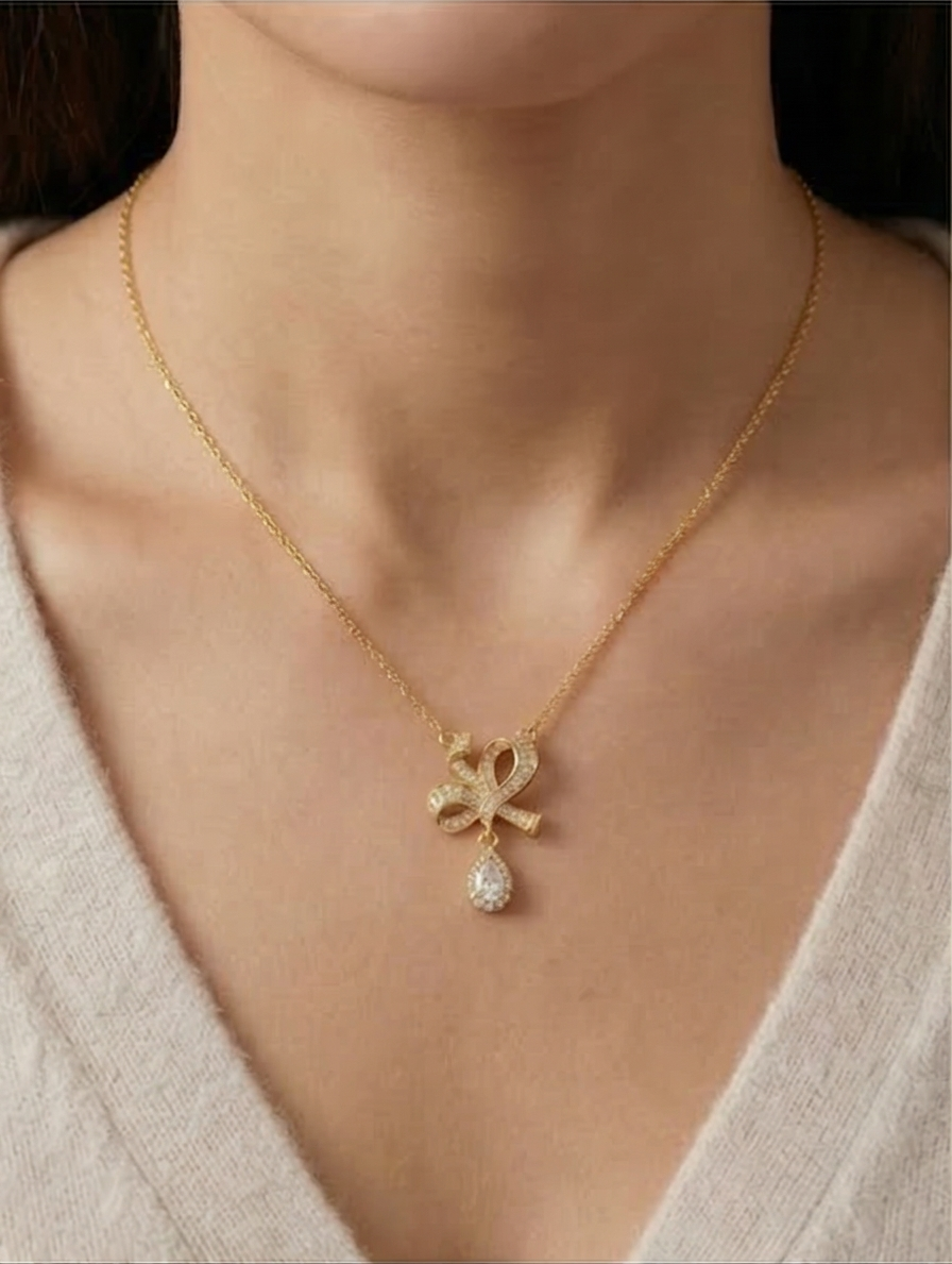 925 Sterling Silver Ribbon Bow Pendant Necklace Jewellery with Clear Stone in Gold Plated Finish