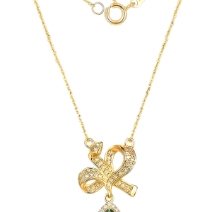 925 Sterling Silver Elegant Ribbon Bow Pendant Necklace Jewellery with Green Teardrop in Gold Plated Finish