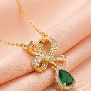 925 Sterling Silver Elegant Ribbon Bow Pendant Necklace Jewellery with Green Teardrop in Gold Plated Finish