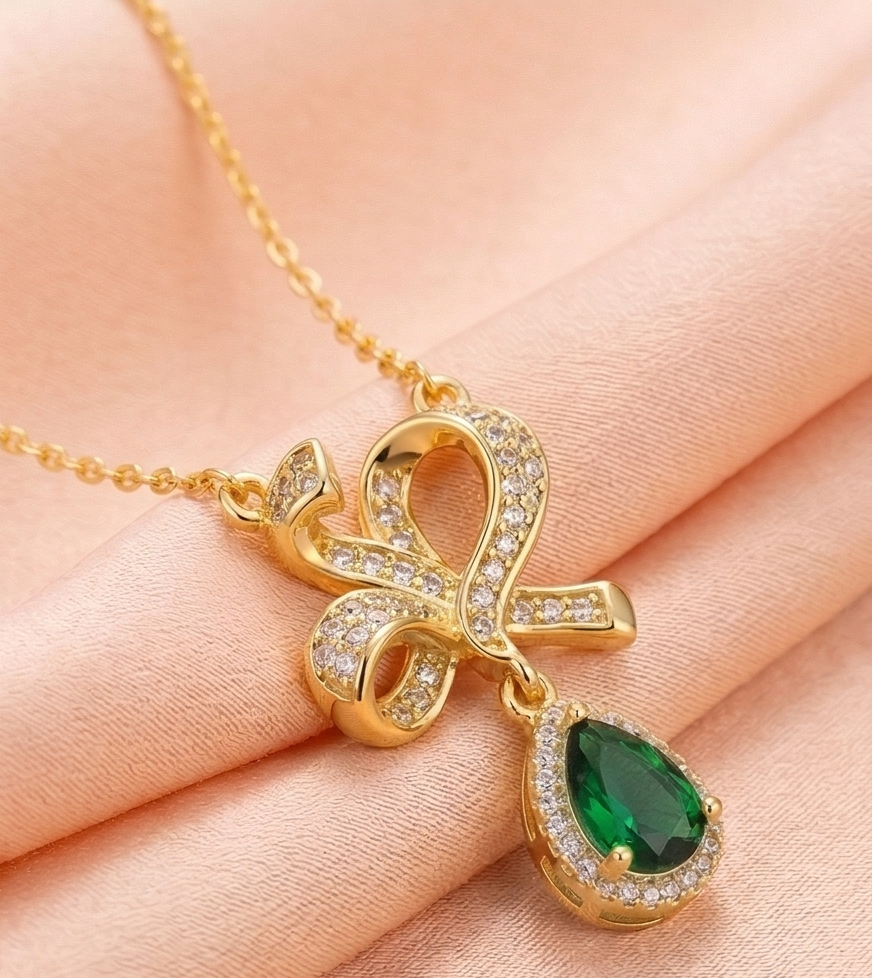 925 Sterling Silver Elegant Ribbon Bow Pendant Necklace Jewellery with Green Teardrop in Gold Plated Finish