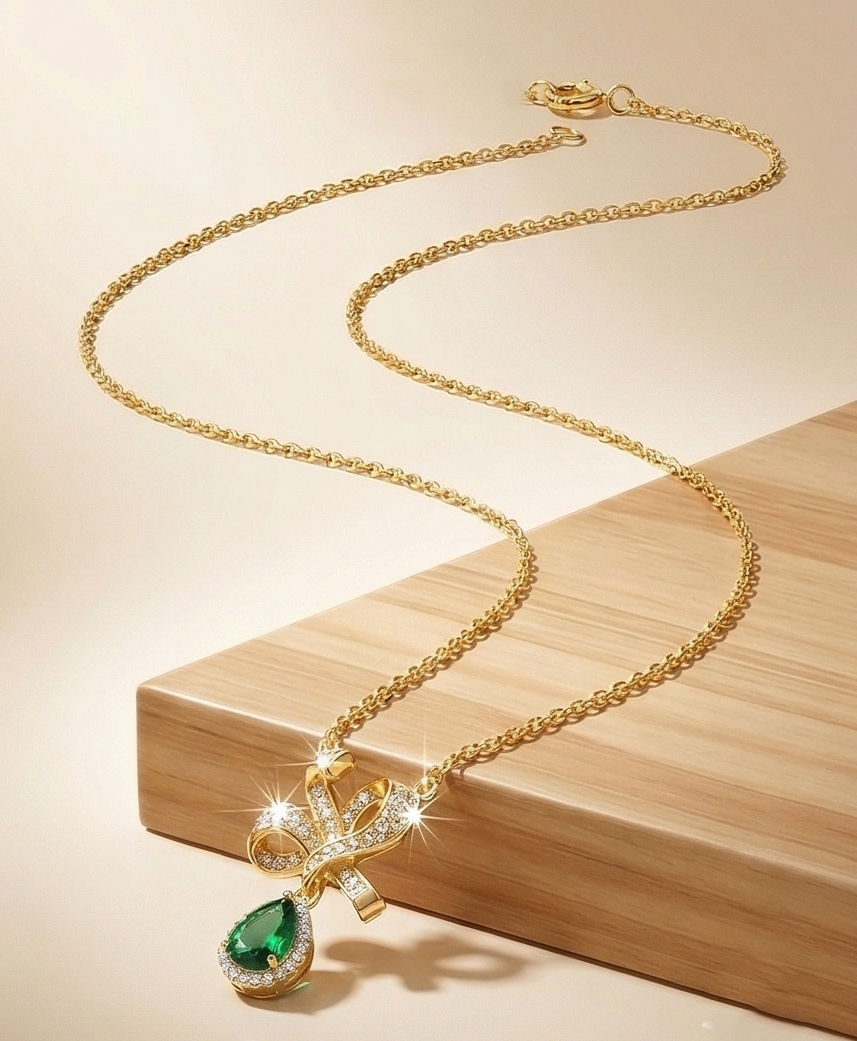 925 Sterling Silver Elegant Ribbon Bow Pendant Necklace Jewellery with Green Teardrop in Gold Plated Finish