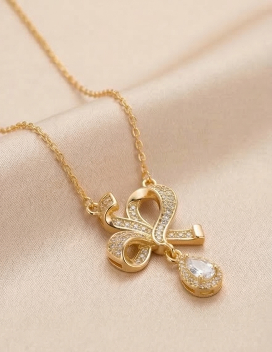 925 Sterling Silver Ribbon Bow Pendant Necklace Jewellery with Clear Stone in Gold Plated Finish