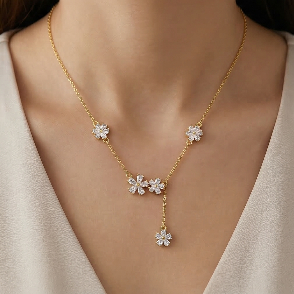 925 Sterling Silver Floral Y-Necklace Lariat Jewellery in Gold Plated Finish