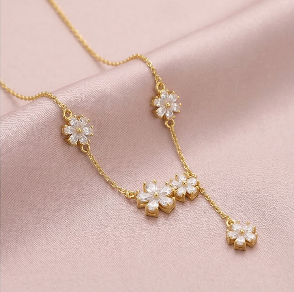 925 Sterling Silver Floral Y-Necklace Lariat Jewellery in Gold Plated Finish