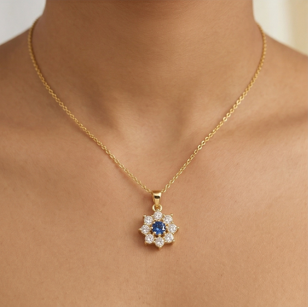 925 Sterling Silver Floral Halo Pendant Necklace Jewellery with Blue Center in Gold Plated Finish