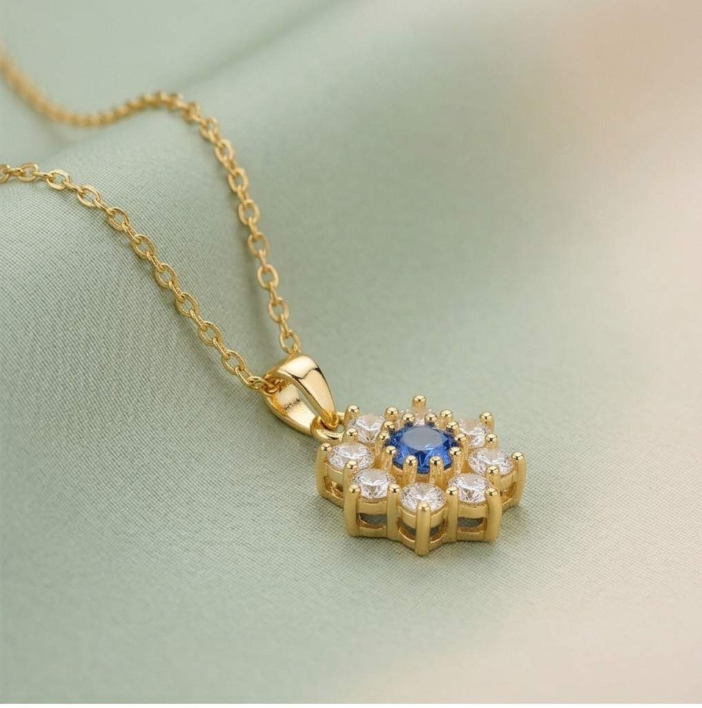 925 Sterling Silver Floral Halo Pendant Necklace Jewellery with Blue Center in Gold Plated Finish