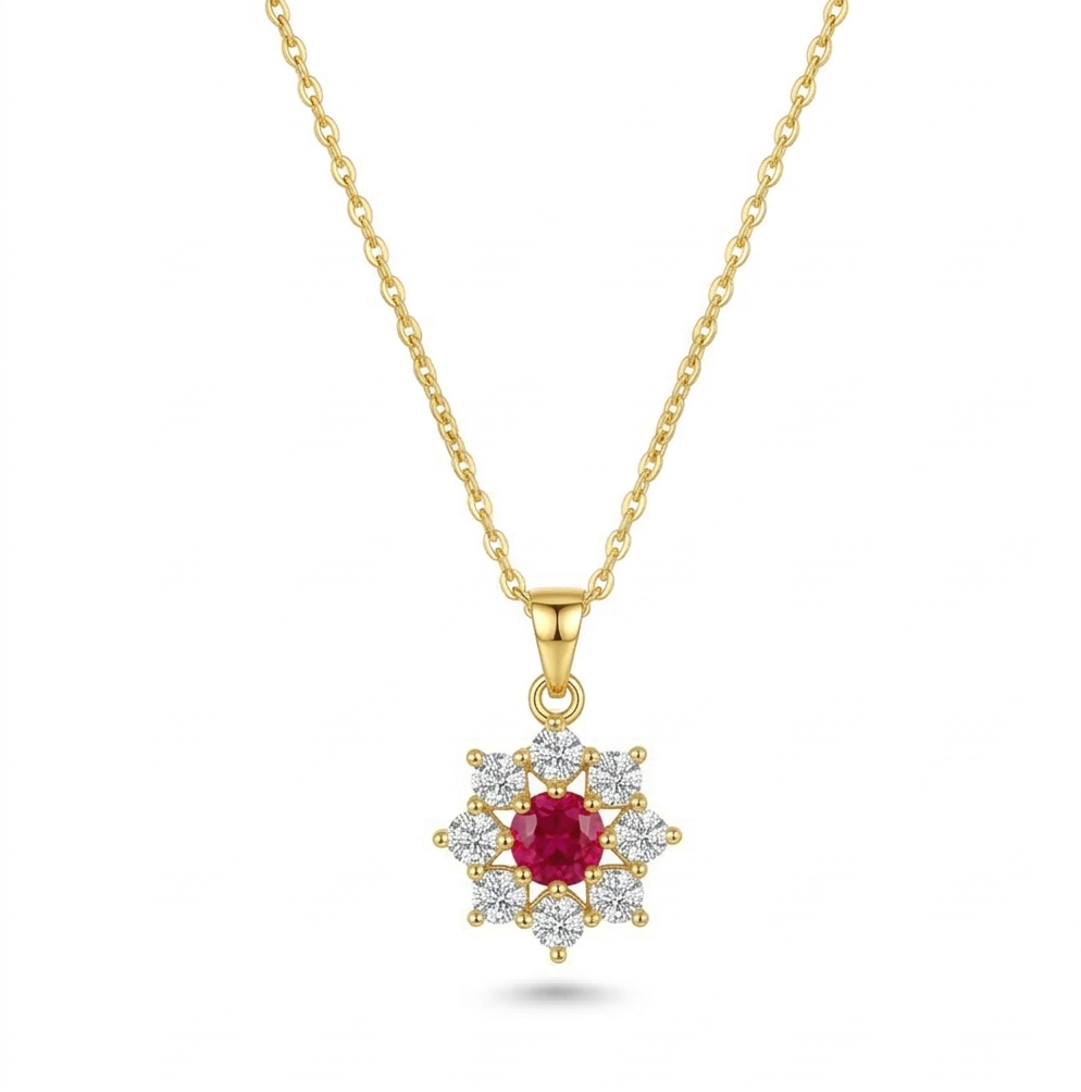 925 Sterling Silver Floral Halo Pendant Necklace Jewellery with Red Center in Gold Plated Finish