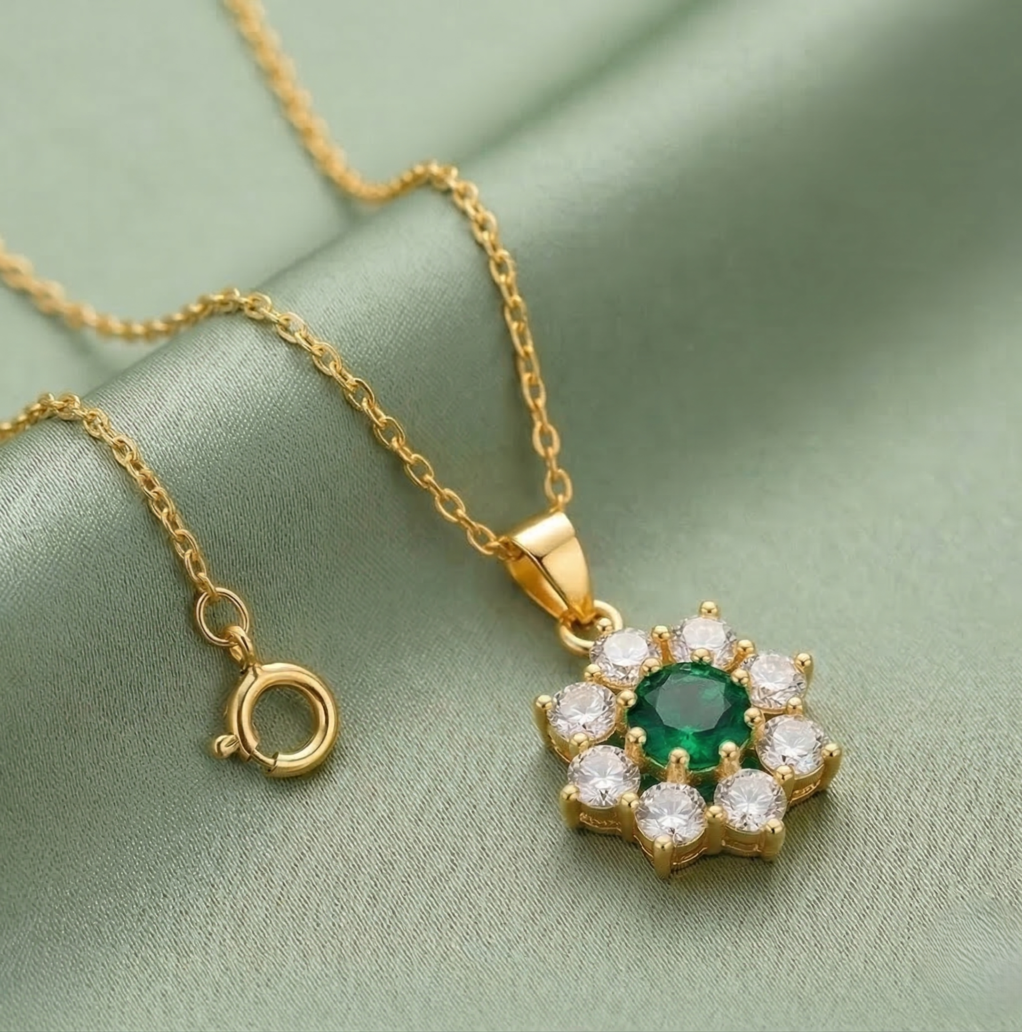 925 Sterling Silver Floral Halo Pendant Necklace Jewellery with Green Center in Gold Plated Finish