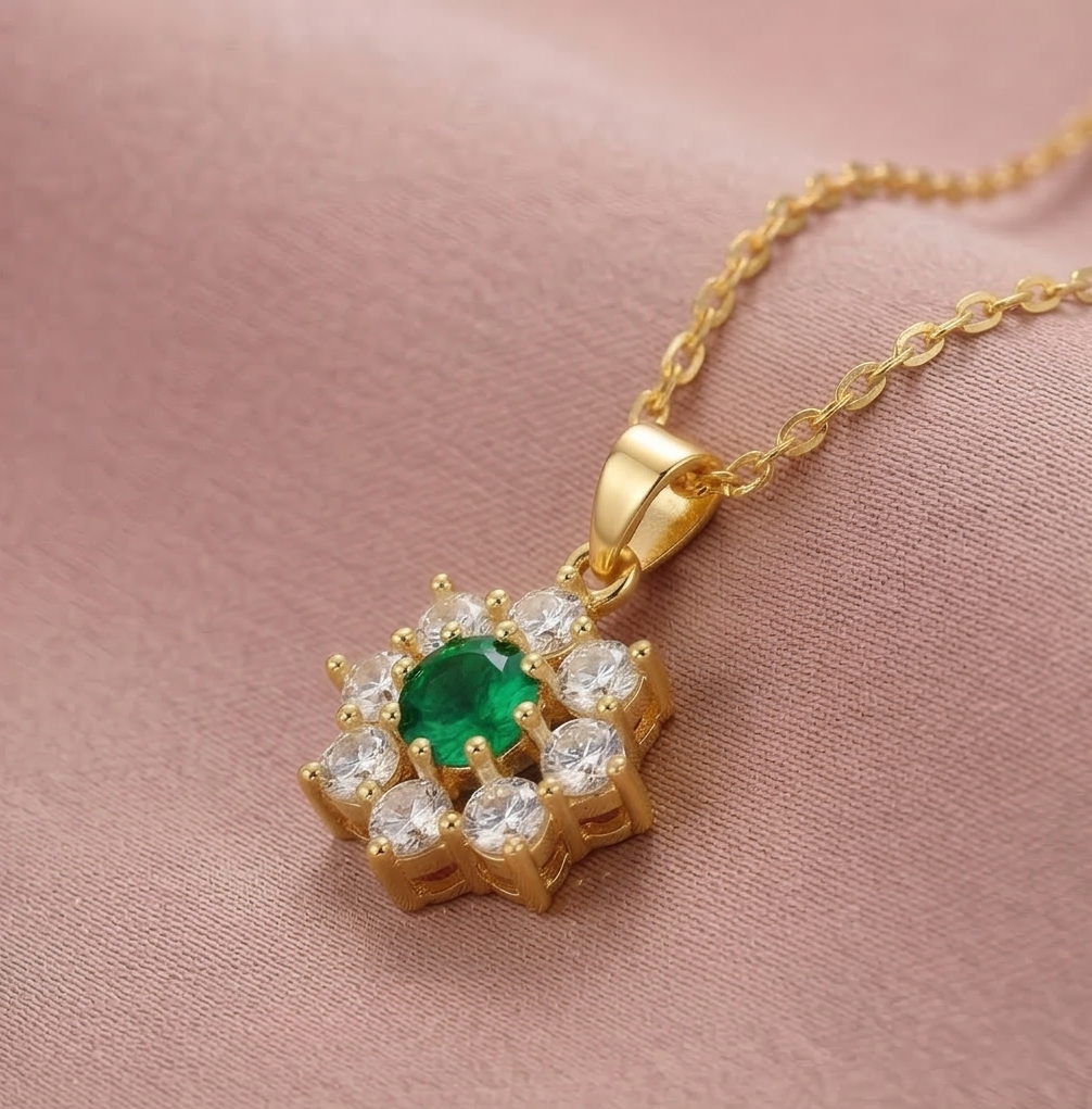 925 Sterling Silver Floral Halo Pendant Necklace Jewellery with Green Center in Gold Plated Finish
