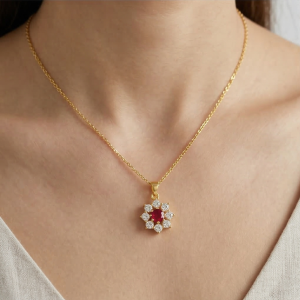 925 Sterling Silver Floral Halo Pendant Necklace Jewellery with Red Center in Gold Plated Finish