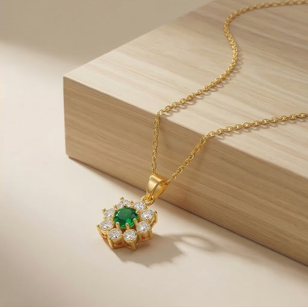 925 Sterling Silver Floral Halo Pendant Necklace Jewellery with Green Center in Gold Plated Finish