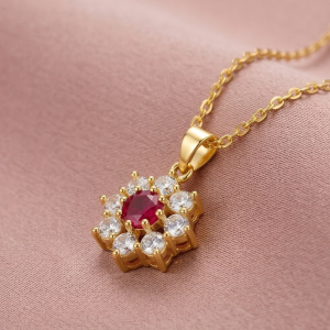 925 Sterling Silver Floral Halo Pendant Necklace Jewellery with Red Center in Gold Plated Finish
