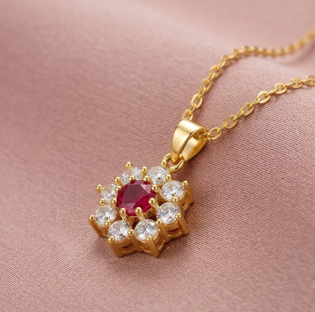 925 Sterling Silver Floral Halo Pendant Necklace Jewellery with Red Center in Gold Plated Finish