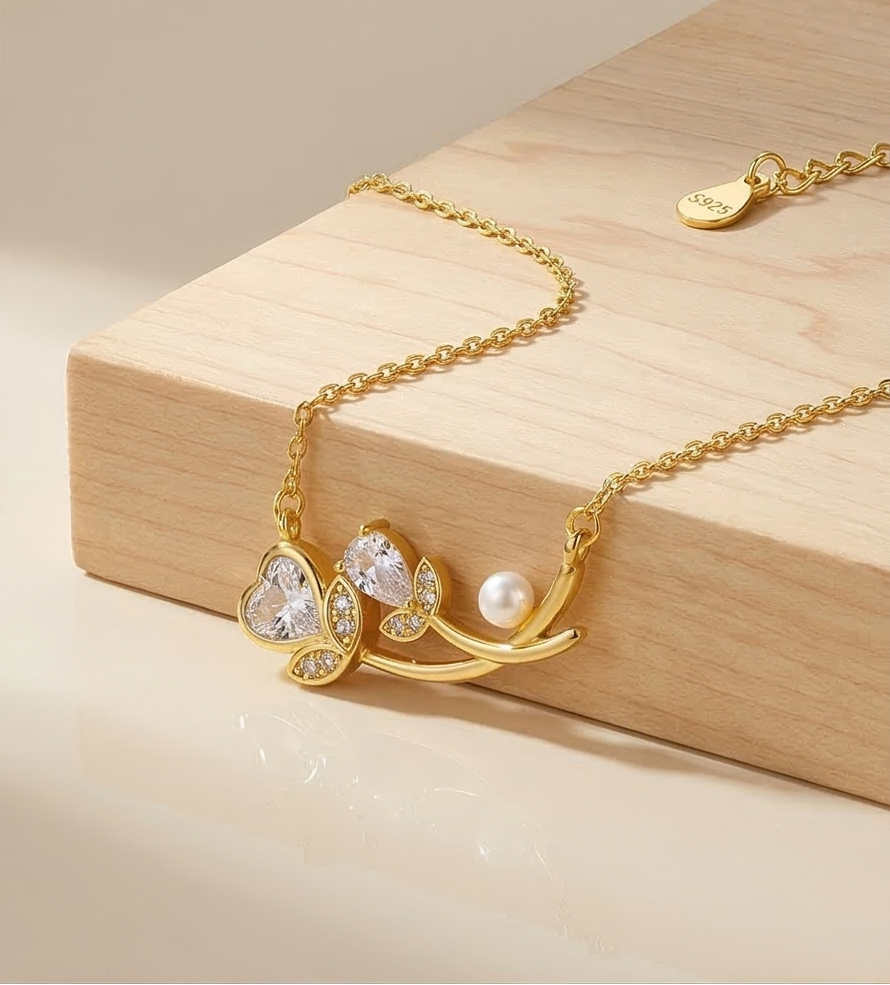 925 Sterling Silver Floral Branch Heart and Pearl Necklace Jewellery in Gold Plated Finish