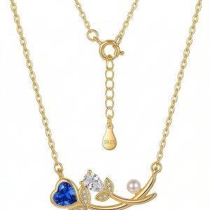 925 Sterling Silver Blue Heart and Pearl Floral Necklace Jewellery for Women with Gold Finish