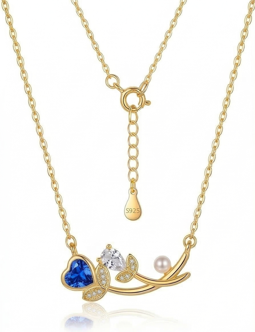 925 Sterling Silver Blue Heart and Pearl Floral Necklace Jewellery for Women with Gold Finish