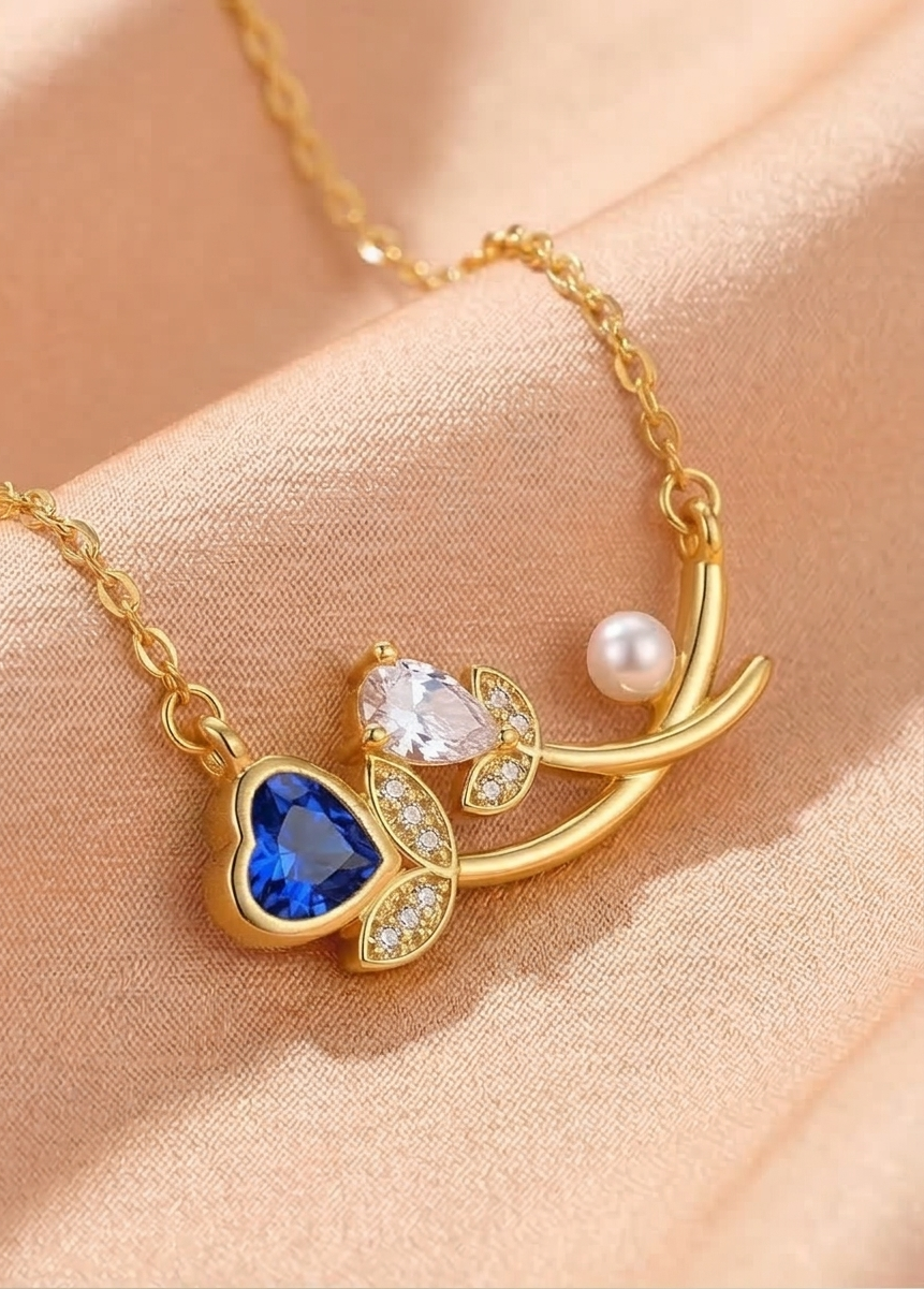 925 Sterling Silver Blue Heart and Pearl Floral Necklace Jewellery for Women with Gold Finish